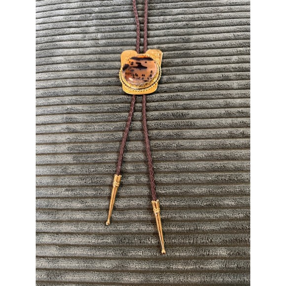 Vintage Western Bolo Tie Gold‎ Tone Metal Scenic Picture Jasper Stone Mens - Picture 2 of 11